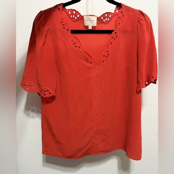 Sezane Tops - Sezane francia silk Red Lace Trim Blouse